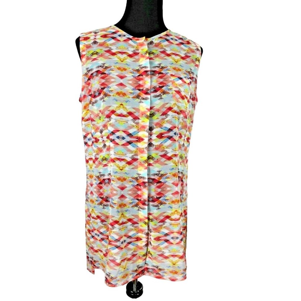 CAbi Avery Tunic Blouse Shirt sz S Button Front Sleeveless Style 760 Aztec Coral